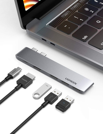 Ugreen wielofunkcyjny HUB 2x USB Typ C na USB Typ C PD (Thunderbolt 3, 100W, 4K@60 Hz, 10 Gbps) / HDMI 4K@30 Hz / 3x USB 3.0 do MacBook Pro / Air szary (60559)