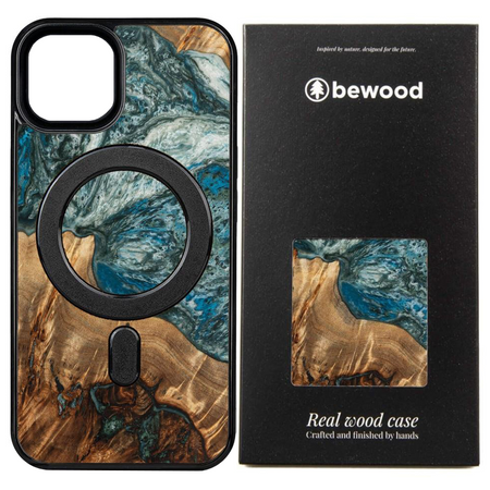 Etui z drewna i żywicy na iPhone 12/12 Pro MagSafe Bewood Unique Planeta Ziemia - niebiesko-zielone