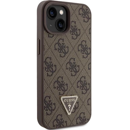 Etui Guess Leather 4G Triangle Strass do iPhone 15 - brązowe