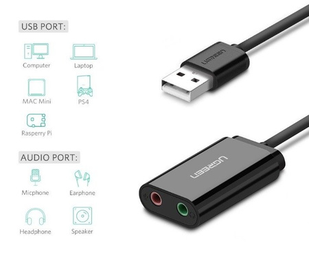 UGREEN ZEWNETRZNA KARTA DZWIĘKOWA USB DO KOMPUTERA LAPTOPA KONWERTER AUDIO