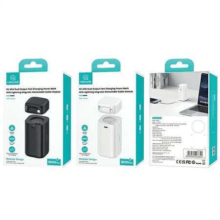 USAMS Powerbank ze zwijanym kablemRetractable Lightning 18000 mAh PD45W Fast Charge XMF Series czarny/black 20KCD21701 (US-CD217)