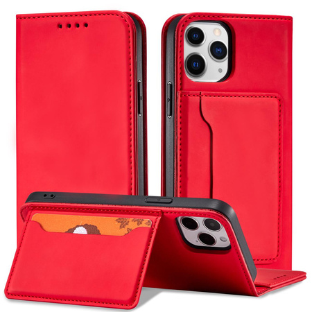 Magnet Card Case etui do iPhone 12 Pro Max pokrowiec portfel na karty kartę podstawka czerwony