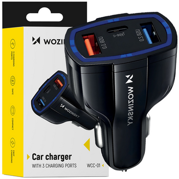 Wozinsky ładowarka samochodowa USB x2 i USB C czarna (WCC-01)