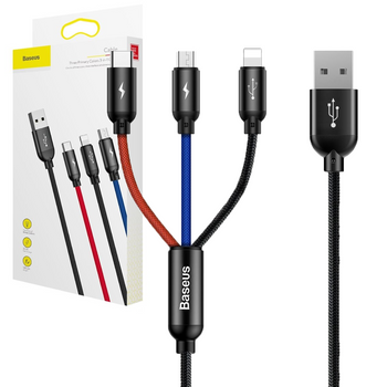 Baseus Three Primary Colors kabel 3w1 USB - micro USB / Lightning / USB-C w nylonowym oplocie 3.5A 1,2M czarny (CAMLT-BSY01)