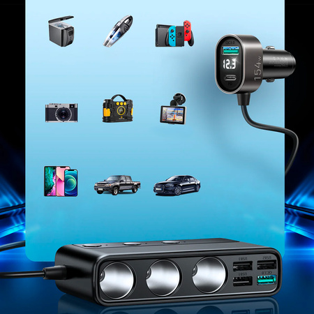 Joyroom 9w1 ładowarka samochodowa do laptopa 154W - 5x USB / 1x USB Typ C / 3x gniazdo zapalniczki Power Delivery / Quick Charge / PPS / AFC / FCP czarny (JR-CL06)
