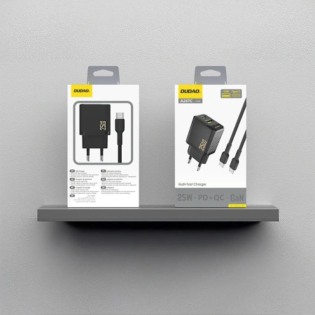 Ładowarka sieciowa Dudao A26TCEU PD QC 25W GaN USB-A USB-C z kablem USB-C - czarna