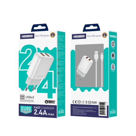 JELLICO ładowarka sieciowa EU02 2.4A 12W 2xUSB + kabel Micro Biały