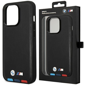 Etui BMW BMHMP14L22PTDK na iPhone 14 Pro - czarne Leather Stamp Tricolor Magsafe