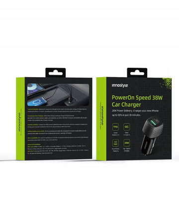 INNOSTYLE POWER ON MOCNA SZYBKA ŁADOWARKA SAMOCHODOWA DO TELEFONU 2X USB USB-C 38W CZARNA