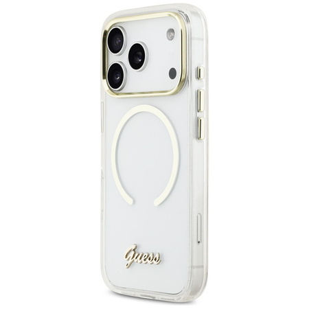 Etui Guess IML Script Metal MagSafe do iPhone 17 Pro Max przezroczysty