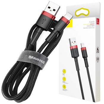 Baseus Cafule Cable wytrzymały nylonowy kabel przewód USB / Lightning QC3.0 2.4A 1M czarno-czerwony (CALKLF-B19)