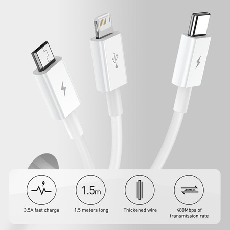 Baseus Superior 3w1 kabel USB - Lightning / USB Typ C / micro USB 3,5 A 1,5 m niebieski (CAMLTYS-03)