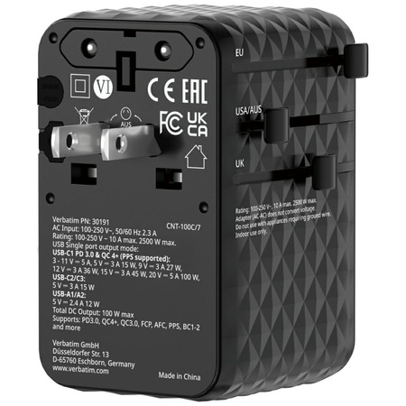Verbatim Adapter podróżny EU/UK/US GaN 2xUSB-C/2xUSB-A/1xUSB-C PD 100W czarny 30191