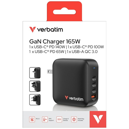 Ładowarka sieciowa Verbatim Mini GaN 165W 3xUSB-C PD/1x USB-A QC czarny 32216