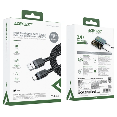 ACEFAST KABEL USB-A DO USB-C SPRĘŻYNOWY 480Mb/s 3A 1.2M DO TELEFONÓW XIAOMI