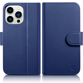 iCarer Wallet Case 2in1 etui iPhone 14 Pro Max skórzany pokrowiec z klapką Anti-RFID niebieski (WMI14220728-BU)