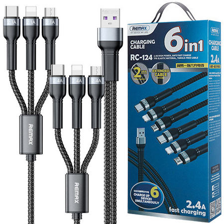 Wielofunkcyjny kabel 6 w 1 Remax Jany Series ze złączami USB, 2 x micro USB, 2 x USB Typ C, 2 x Lightning o długości 2 m czarny (RC-124)