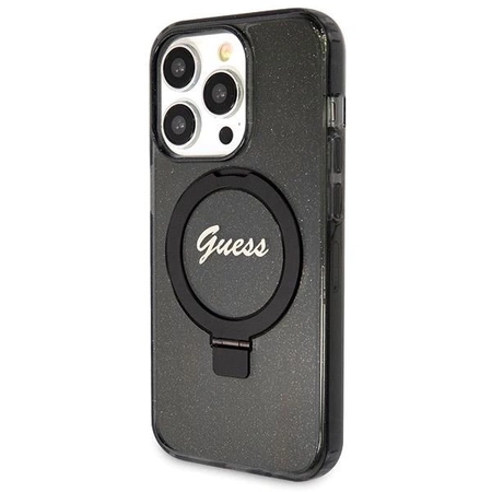 Etui Guess Ring Stand Script Glitter MagSafe na iPhone 13 Pro Max - czarne