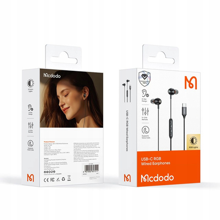 MCDODO SŁUCHAWKI PRZEWODOWE DO TELEFONU Z MIKROFONEM DOKANAŁOWE USB-C RGB
