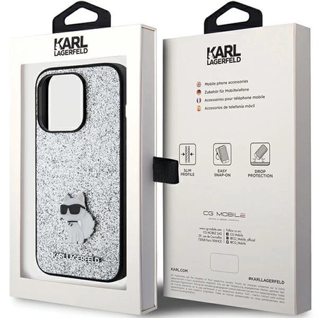 Etui Karl Lagerfeld Fixed Glitter Choupette Logo Metal Pin do iPhone 15 Pro - srebrne
