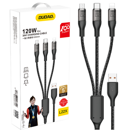 Kabel do szybkiego ładowania 120W 1m  3w1 USB - USB-C / microUSB / Lightning Dudao L22X - srebrny