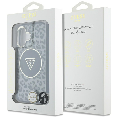 GUESS ETUI DO IPHONE 16 DO MAGSAFE LEOPARD TRIANGLE Z PRZESZROCZYSTYM PASEM