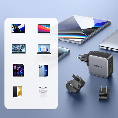 Ugreen szybka ładowarka sieciowa GaN USB / 2xUSB C 65W adapter wtyczka EU / UK / US czarna (CD296)