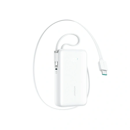Powerbank Joyroom JR-PR2L 10000mAh 35W z wbudowanym zwijanym kablem USB-C i kablem-smyczą Lightning - biały
