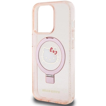 Etui Hello Kitty Ring Stand Glitter Electrop Logo MagSafe na iPhone 15 Pro - różowe