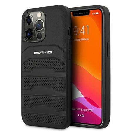 Etui AMG AMHCP13XGSEBK na iPhone 13 Pro Max - czarne Leather Debossed Lines