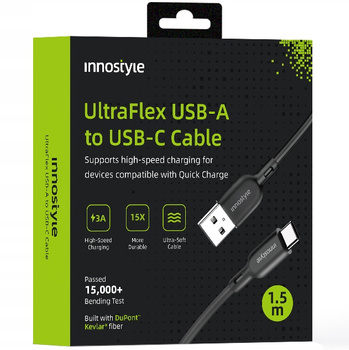 INNOSTYLE ULTRAFLEX KABEL USB-C SZYBKIE ŁADOWANIE DO IPHONE SAMSUNG QC 4.0 KEVLAR 2M CZARNY