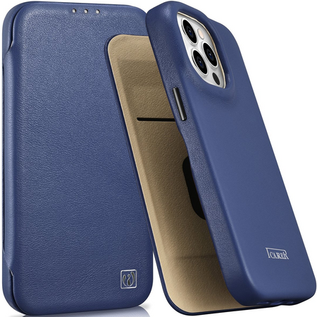 iCarer CE Premium Leather Folio Case skórzane etui iPhone 14 Pro Max z klapką magnetyczne MagSafe niebieski (WMI14220716-BU)