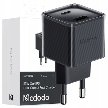 MCDODO SZYBKA ŁADOWARKA SIECIOWA DO TELEFONU ZASILACZ 2X USB USB-C 33W GAN CZARNA