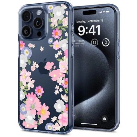 Etui Spigen Liquid Crystal na iPhone 15 Pro - różowo-niebieskie kwiaty