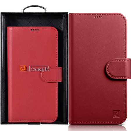 iCarer Wallet Case 2in1 etui iPhone 14 Plus skórzany pokrowiec z klapką Anti-RFID czerwony (WMI14220727-RD)