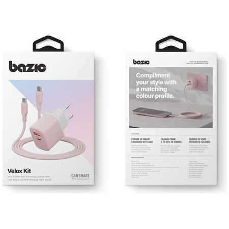 Ładowarka sieciowa Bazic GoPort Velox    Kit USB-C/USB-A GaN 35W z kablem różowy