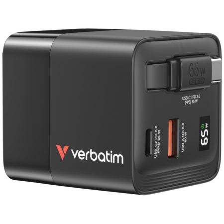 Verbatim Ładowarka sieciowa GaN 65W 2xUSB-C/USB-A + Adapter EU/UK/US czarny/black 32217