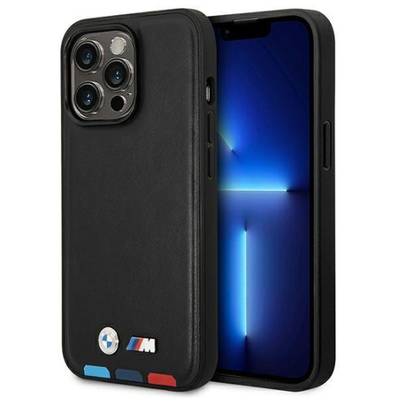 Etui BMW BMHMP14X22PTDK na iPhone 14 Pro Max - czarne Leather Stamp Tricolor Magsafe