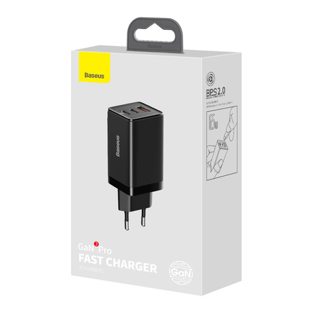 Baseus GaN3 Pro szybka uniwersalna ładowarka sieciowa GaN 2 x USB Typ C / USB 65W PD3.0, QC4.0+, AFC czarny + kabel USB Typ C - USB Typ C 1m (CCGP050101)