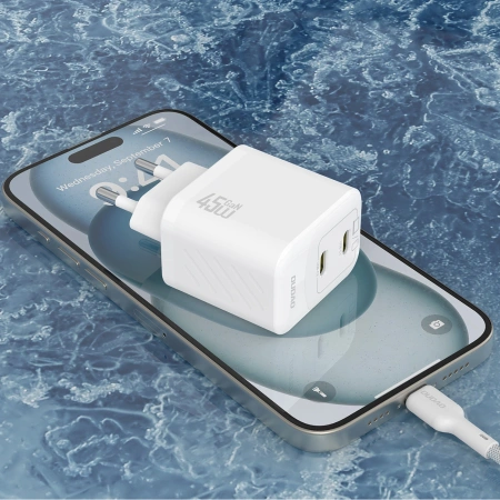 Ładowarka sieciowa Dudao A28PCEU PD 45W GaN 2xUSB-C z kablem USB-C - biała