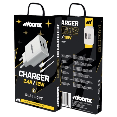 MOONX ładowarka sieciowa MC02 2.4A 12W 2xUSB + kabel Lightning Biały