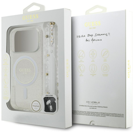 Etui Guess IML Glitter Pearl Strap MagSafe do iPhone 17 Pro przezroczysty