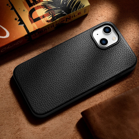 iCarer Litchi Premium Leather Case skórzane etui iPhone 14 Plus magnetyczne z MagSafe czarny (WMI14220711-BK)