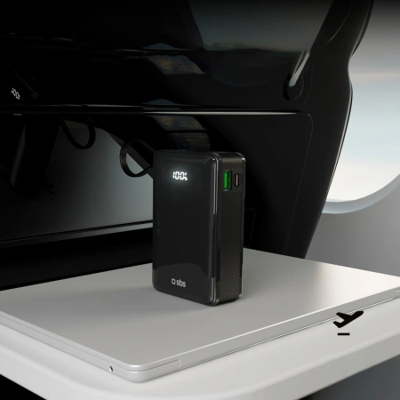 Powerbank SBS 20000 mAh 20 W z wbudowanym kablem USB-C i wyświetlaczem cyfrowym - czarny