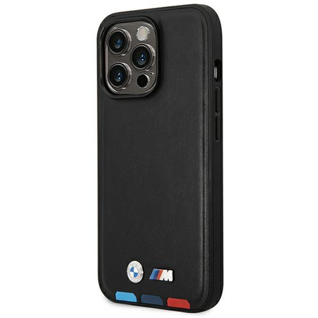 Etui BMW BMHMP14L22PTDK na iPhone 14 Pro - czarne Leather Stamp Tricolor Magsafe