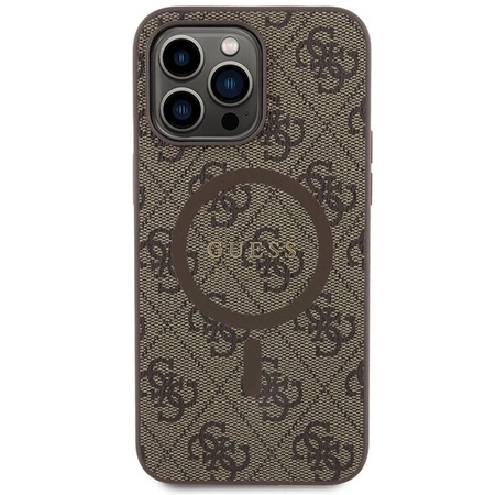 Etui Guess 4G Collection Leather Metal Logo MagSafe na iPhone 14 Pro - brązowe