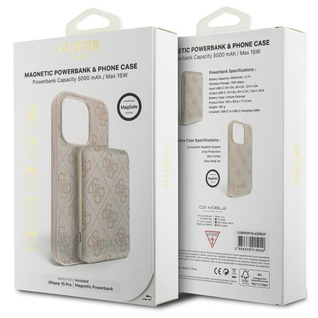 Zestaw Guess GUBPM5P15L4GEMGP iPhone15 Pro 6.1 hardcase + Powerbank 5000mAh MagSafe różowy/pink 4G Metal Logo