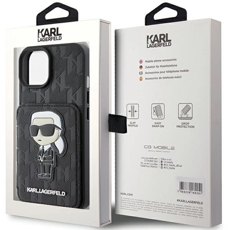 Etui Karl Lagerfeld Saffiano Cardslots and Stand Monogram Ikonik Patch do iPhone 15 - czarne