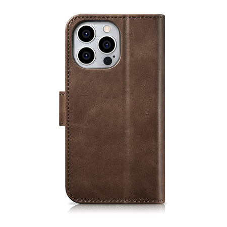 iCarer Oil Wax Wallet Case 2in1 etui iPhone 14 Pro Max skórzany pokrowiec z klapką Anti-RFID brązowy (WMI14220724-BN)