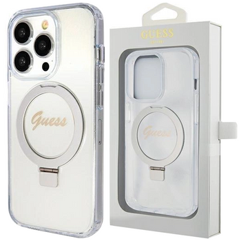 Etui Guess Ring Stand Script Glitter MagSafe na iPhone 15 Pro Max - przezroczyste